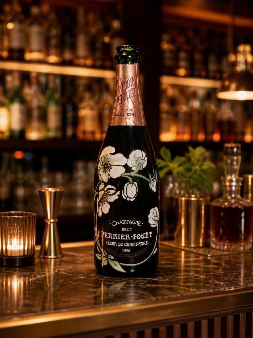 Perrier-Jouët Fleur de Champagne 1990 Empty Bottle - Black with White Floral